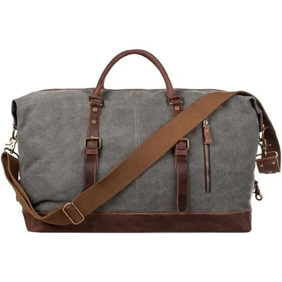 60L Canvas Duffel Bag Carry on Genuine Leather Overnight Weekender Bag for Men - Picture 2 of 7